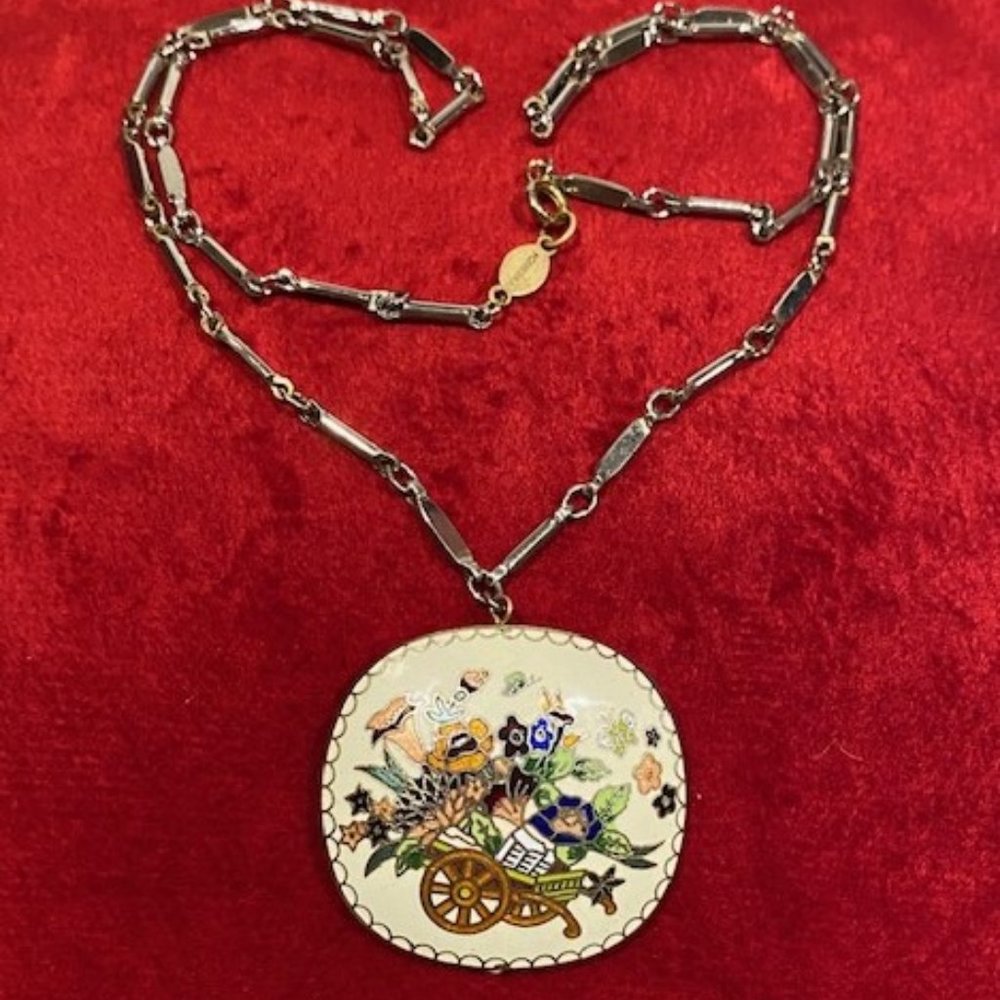 VTG FREIRICH Designer Silver Enamel Cloisonne Flower Pendant Necklace